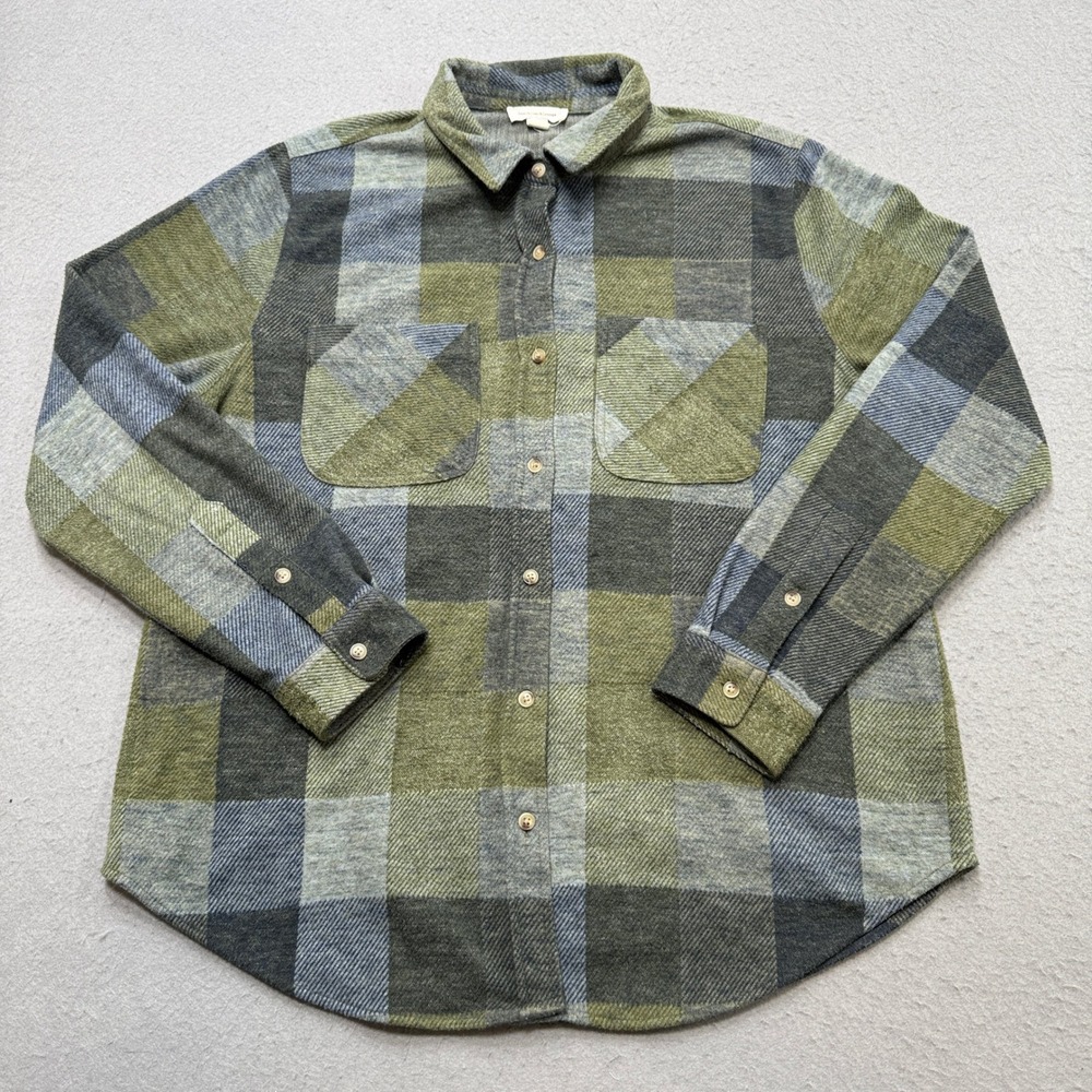 Beach Lunch Lounge Flannel Shirt Women's Large Green Plaid Button Down Outdoor